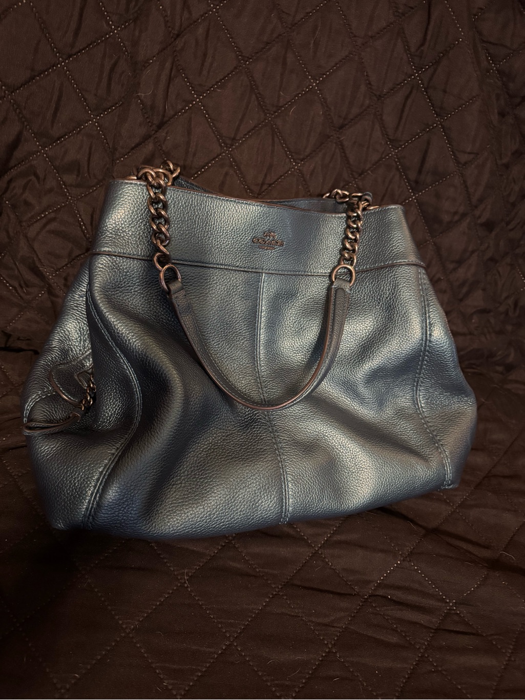 Coach Y2k Lexy Metallic Teal Pebbled Leather Chain Straps Tote Bag F22209